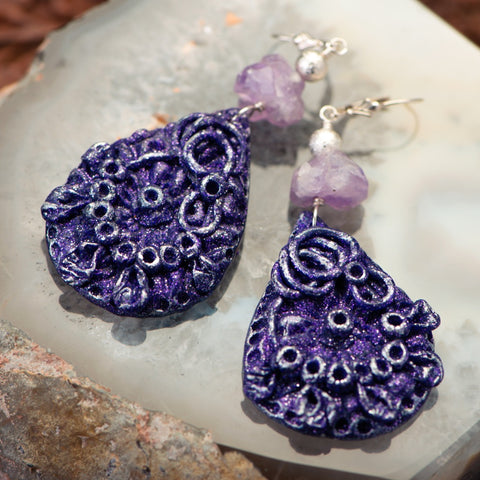 handmade earrings made of clay, amethyst and sterling silver balls.
